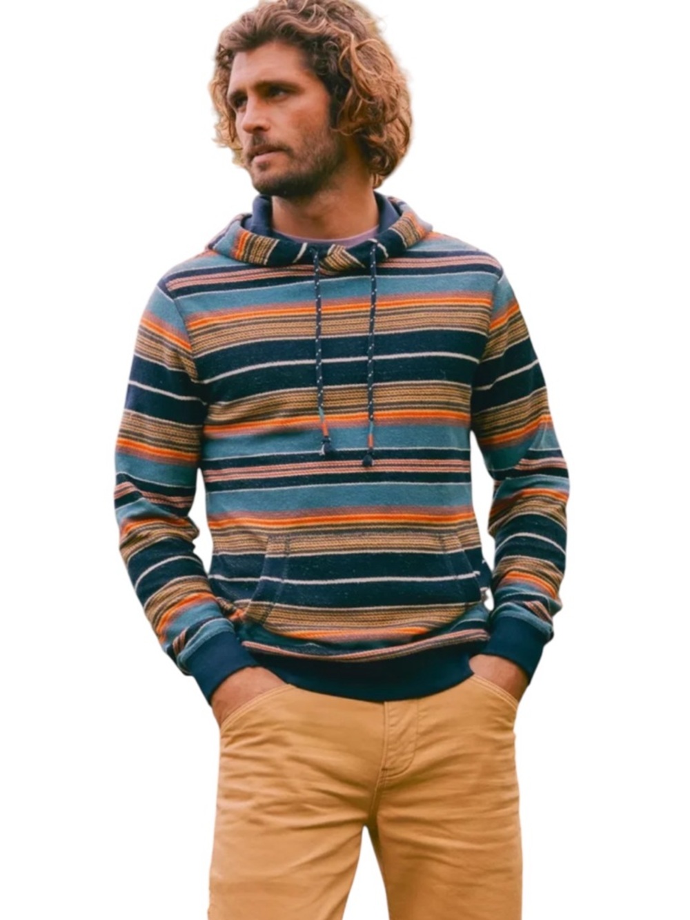 Fat Face Striped Hooded Pullover in Blue, Orange & Tan